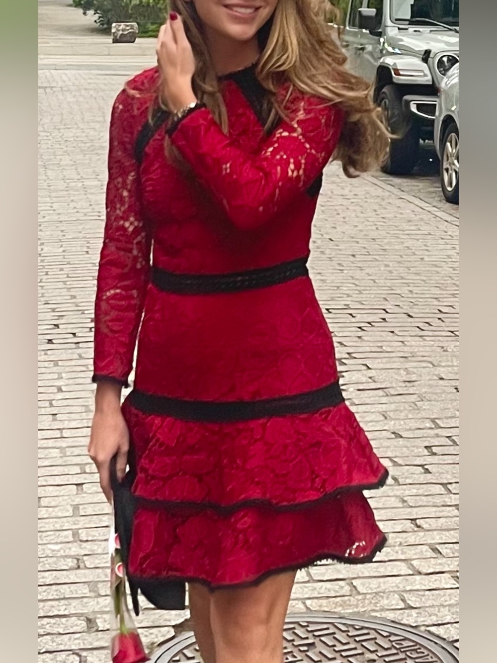 Alexis Red Lace Tiered Long-Sleeve Dress with Black Trim